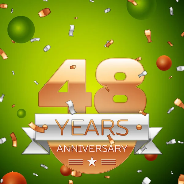 Gerçekçi kırk sekiz yıl yıldönümü kutlamaları tasarım afiş. Altın numaraları ve gümüş kurdele, balon, konfeti yeşil zemin üzerine. Doğum günü partin için renkli vektör şablon öğeleri