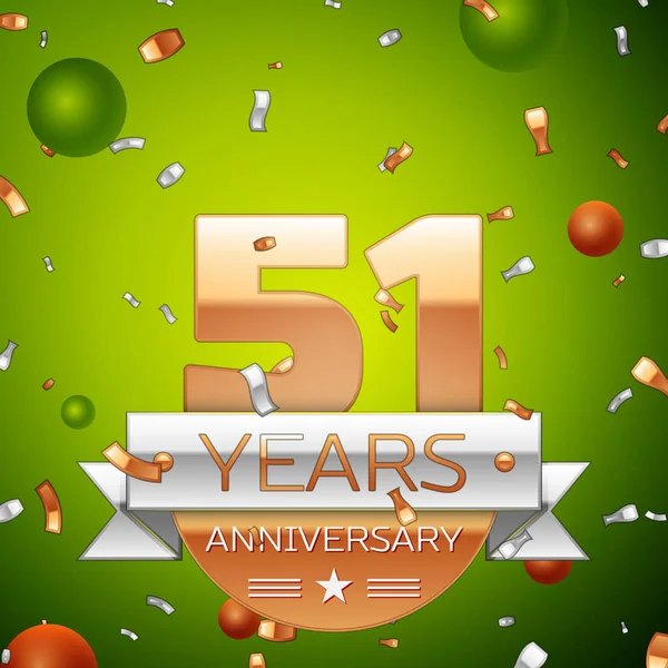 Gerçekçi elli bir yıl yıldönümü kutlamaları tasarım afiş. Altın numaraları ve gümüş kurdele, balon, konfeti yeşil zemin üzerine. Doğum günü partin için renkli vektör şablon öğeleri