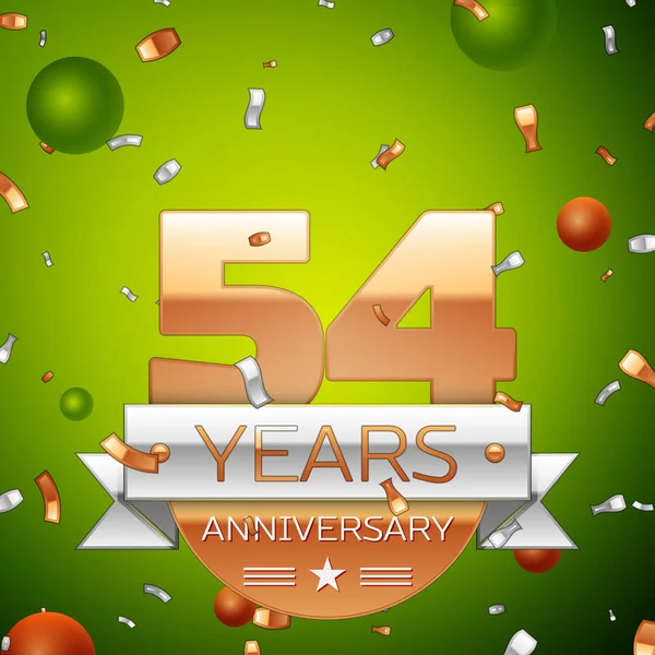 Gerçekçi elli dört yıl yıldönümü kutlamaları tasarım afiş. Altın numaraları ve gümüş kurdele, balon, konfeti yeşil zemin üzerine. Doğum günü partin için renkli vektör şablon öğeleri