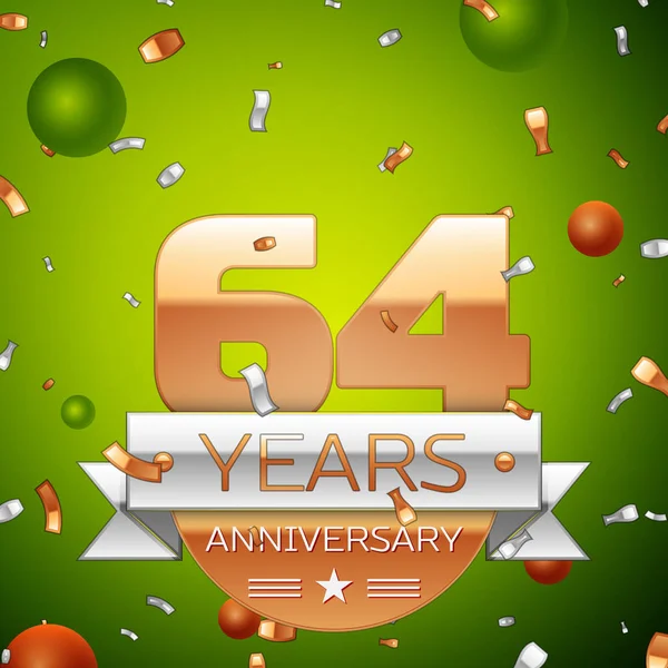Gerçekçi altmış dört yıl yıldönümü kutlamaları tasarım afiş. Altın numaraları ve gümüş kurdele, balon, konfeti yeşil zemin üzerine. Doğum günü partin için renkli vektör şablon öğeleri