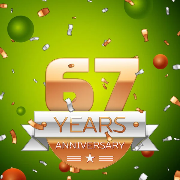 Gerçekçi altmış yedi yıl yıldönümü kutlamaları tasarım afiş. Altın numaraları ve gümüş kurdele, balon, konfeti yeşil zemin üzerine. Doğum günü partin için renkli vektör şablon öğeleri