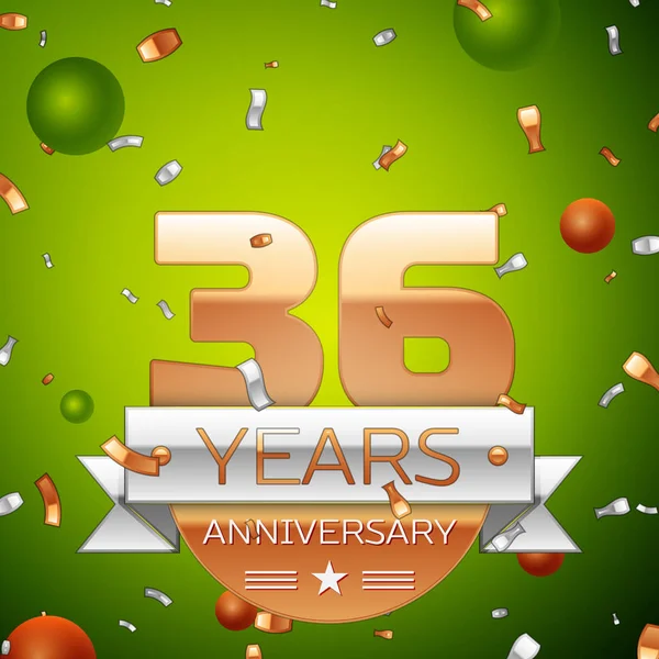 Gerçekçi otuz altı yıl yıldönümü kutlamaları tasarım afiş. Altın numaraları ve gümüş kurdele, balon, konfeti yeşil zemin üzerine. Doğum günü partin için renkli vektör şablon öğeleri