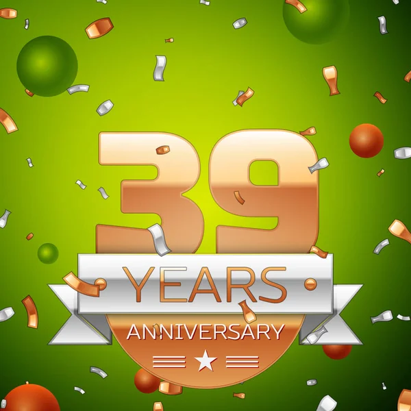 Gerçekçi otuz dokuz yıl yıldönümü kutlamaları tasarım afiş. Altın numaraları ve gümüş kurdele, balon, konfeti yeşil zemin üzerine. Doğum günü partin için renkli vektör şablon öğeleri