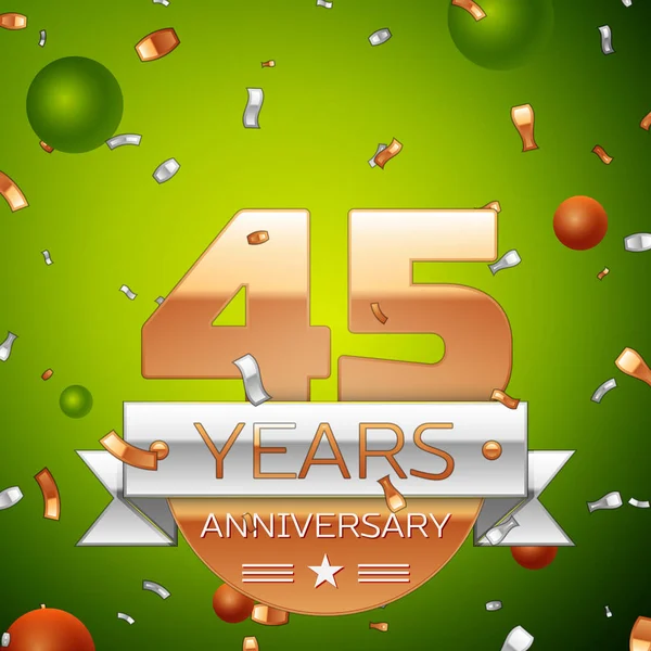 Gerçekçi kırk beş yıl yıldönümü kutlamaları tasarım afiş. Altın numaraları ve gümüş kurdele, balon, konfeti yeşil zemin üzerine. Doğum günü partin için renkli vektör şablon öğeleri