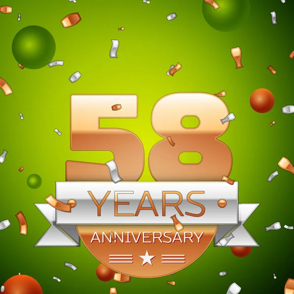 Realistic Fifty eight Years Anniversary Banner de diseño de celebración. Números dorados y cinta plateada, globos, confeti sobre fondo verde. Coloridos elementos de plantilla Vector para su fiesta de cumpleaños — Vector de stock