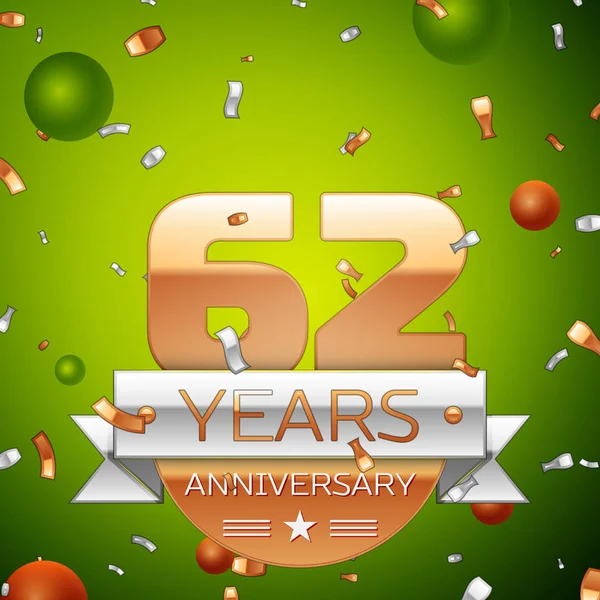 Gerçekçi altmış iki yıl yıldönümü kutlamaları tasarım afiş. Altın numaraları ve gümüş kurdele, balon, konfeti yeşil zemin üzerine. Doğum günü partin için renkli vektör şablon öğeleri