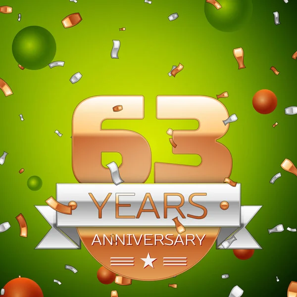 Gerçekçi altmış üç yıl yıldönümü kutlamaları tasarım afiş. Altın numaraları ve gümüş kurdele, balon, konfeti yeşil zemin üzerine. Doğum günü partin için renkli vektör şablon öğeleri