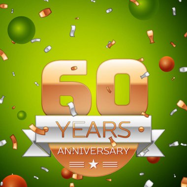 Gerçekçi altmış yıl yıldönümü kutlamaları tasarım afiş. Altın numaraları ve gümüş kurdele, balon, konfeti yeşil zemin üzerine. Doğum günü partin için renkli vektör şablon öğeleri
