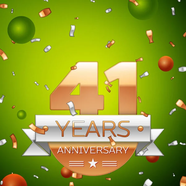 Gerçekçi kırk bir yıl yıldönümü kutlamaları tasarım afiş. Altın numaraları ve gümüş kurdele, balon, konfeti yeşil zemin üzerine. Doğum günü partin için renkli vektör şablon öğeleri
