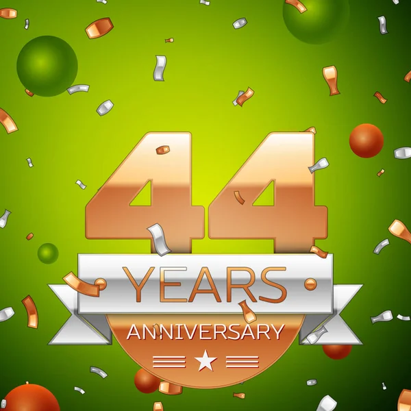 Gerçekçi kırk dört yıl yıldönümü kutlamaları tasarım afiş. Altın numaraları ve gümüş kurdele, balon, konfeti yeşil zemin üzerine. Doğum günü partin için renkli vektör şablon öğeleri