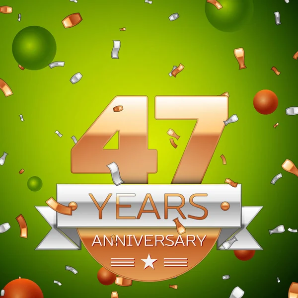 Gerçekçi kırk yedi yıl yıldönümü kutlamaları tasarım afiş. Altın numaraları ve gümüş kurdele, balon, konfeti yeşil zemin üzerine. Doğum günü partin için renkli vektör şablon öğeleri
