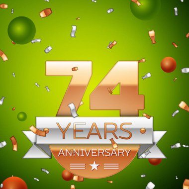 Gerçekçi yetmiş dört yıl yıldönümü kutlamaları tasarım afiş. Altın numaraları ve gümüş kurdele, balon, konfeti yeşil zemin üzerine. Doğum günü partin için renkli vektör şablon öğeleri
