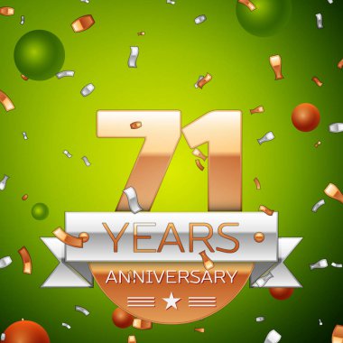 Gerçekçi yetmiş bir yıl yıldönümü kutlamaları tasarım afiş. Altın numaraları ve gümüş kurdele, balon, konfeti yeşil zemin üzerine. Doğum günü partin için renkli vektör şablon öğeleri