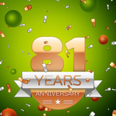 Gerçekçi seksen bir yıl yıldönümü kutlamaları tasarım afiş. Altın numaraları ve gümüş kurdele, balon, konfeti yeşil zemin üzerine. Doğum günü partin için renkli vektör şablon öğeleri