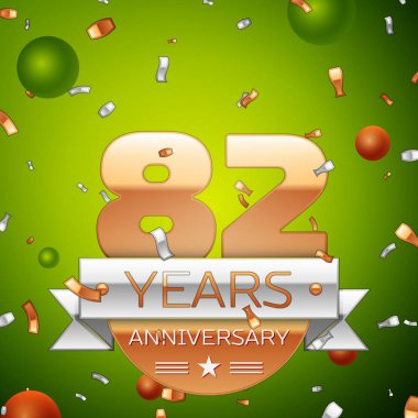Gerçekçi seksen iki yıl yıldönümü kutlamaları tasarım afiş. Altın numaraları ve gümüş kurdele, balon, konfeti yeşil zemin üzerine. Doğum günü partin için renkli vektör şablon öğeleri