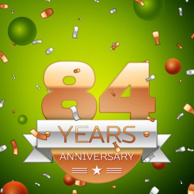 Gerçekçi seksen dört yıl yıldönümü kutlamaları tasarım afiş. Altın numaraları ve gümüş kurdele, balon, konfeti yeşil zemin üzerine. Doğum günü partin için renkli vektör şablon öğeleri