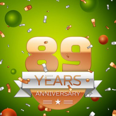 Gerçekçi seksen dokuz yıl yıldönümü kutlamaları tasarım afiş. Altın numaraları ve gümüş kurdele, balon, konfeti yeşil zemin üzerine. Doğum günü partin için renkli vektör şablon öğeleri