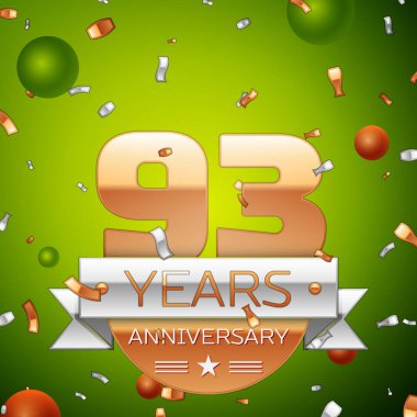 Gerçekçi doksan üç yıl yıldönümü kutlamaları tasarım afiş. Altın numaraları ve gümüş kurdele, balon, konfeti yeşil zemin üzerine. Doğum günü partin için renkli vektör şablon öğeleri