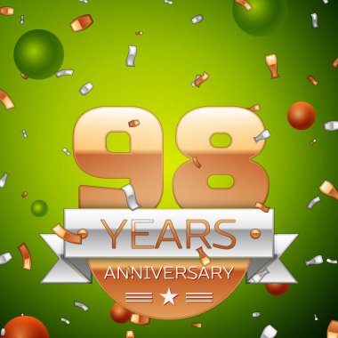 Gerçekçi doksan sekiz yıl yıldönümü kutlamaları tasarım afiş. Altın numaraları ve gümüş kurdele, balon, konfeti yeşil zemin üzerine. Doğum günü partin için renkli vektör şablon öğeleri