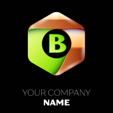 Gerçekçi yeşil mektup B logo sembol siyah arka plan üzerinde renkli altın-yeşil altıgen şeklinde. Tasarımınız için vektör şablonu