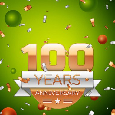 Gerçekçi yüz yıl yıldönümü kutlamaları tasarım afiş. Altın numaraları ve gümüş kurdele, balon, konfeti yeşil zemin üzerine. Doğum günü partin için renkli vektör şablon öğeleri