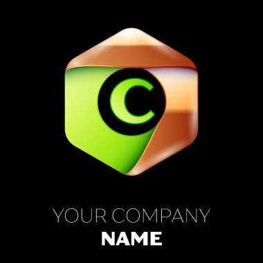 Gerçekçi yeşil harfi C logo sembol siyah arka plan üzerinde renkli altın-yeşil altıgen şeklinde. Tasarımınız için vektör şablonu