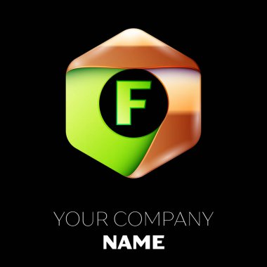 Gerçekçi yeşil mektup F logo sembol siyah arka plan üzerinde renkli altın-yeşil altıgen şeklinde. Tasarımınız için vektör şablonu