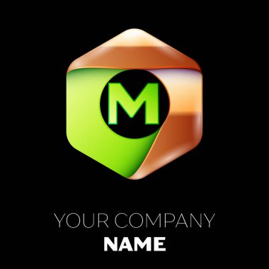 Gerçekçi yeşil mektup M logo sembol siyah arka plan üzerinde renkli altın-yeşil altıgen şeklinde. Tasarımınız için vektör şablonu