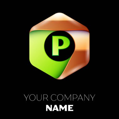 Gerçekçi yeşil mektup P logo sembol siyah arka plan üzerinde renkli altın-yeşil altıgen şeklinde. Tasarımınız için vektör şablonu