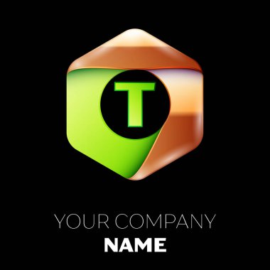 Gerçekçi yeşil mektup T logo sembol siyah arka plan üzerinde renkli altın-yeşil altıgen şeklinde. Tasarımınız için vektör şablonu