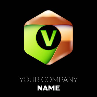 Gerçekçi yeşil harf V logo sembol siyah arka plan üzerinde renkli altın-yeşil altıgen şeklinde. Tasarımınız için vektör şablonu