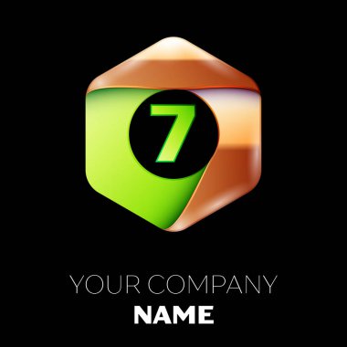 Gerçekçi yeşil yedi numara logo sembol siyah arka plan üzerinde renkli altın-yeşil altıgen şeklinde. Tasarımınız için vektör şablonu