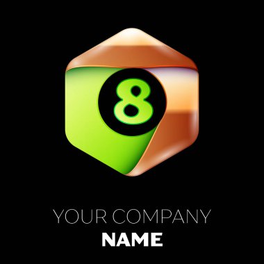 Gerçekçi sekiz numara'yeşil logo sembol siyah arka plan üzerinde renkli altın-yeşil altıgen şeklinde. Tasarımınız için vektör şablonu