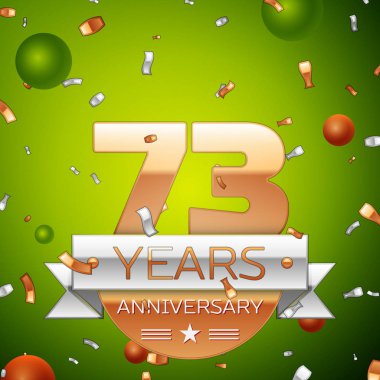 Gerçekçi yetmiş üç yıl yıldönümü kutlamaları tasarım afiş. Altın numaraları ve gümüş kurdele, balon, konfeti yeşil zemin üzerine. Doğum günü partin için renkli vektör şablon öğeleri