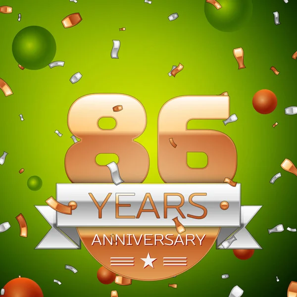 Gerçekçi seksen altı yıl yıldönümü kutlamaları tasarım afiş. Altın numaraları ve gümüş kurdele, balon, konfeti yeşil zemin üzerine. Doğum günü partin için renkli vektör şablon öğeleri