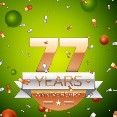 Gerçekçi yetmiş yedi yıl yıldönümü kutlamaları tasarım afiş. Altın numaraları ve gümüş kurdele, balon, konfeti yeşil zemin üzerine. Doğum günü partin için renkli vektör şablon öğeleri