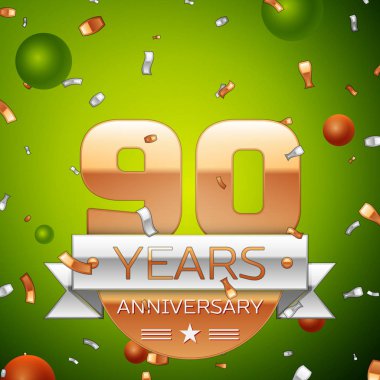 Gerçekçi doksan yıl yıldönümü kutlamaları tasarım afiş. Altın numaraları ve gümüş kurdele, balon, konfeti yeşil zemin üzerine. Doğum günü partin için renkli vektör şablon öğeleri