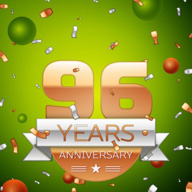 Gerçekçi doksan altı yıl yıldönümü kutlamaları tasarım afiş. Altın numaraları ve gümüş kurdele, balon, konfeti yeşil zemin üzerine. Doğum günü partin için renkli vektör şablon öğeleri