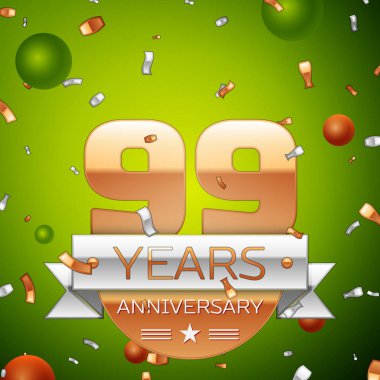 Gerçekçi doksan dokuz yıl yıldönümü kutlamaları tasarım afiş. Altın numaraları ve gümüş kurdele, balon, konfeti yeşil zemin üzerine. Doğum günü partin için renkli vektör şablon öğeleri