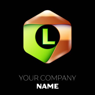 Gerçekçi yeşil mektup L logo sembol siyah arka plan üzerinde renkli altın-yeşil altıgen şeklinde. Tasarımınız için vektör şablonu