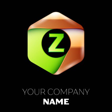 Gerçekçi yeşil mektup Z logo sembol siyah arka plan üzerinde renkli altın-yeşil altıgen şeklinde. Tasarımınız için vektör şablonu