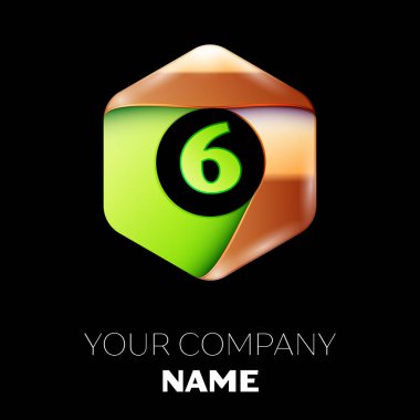 Gerçekçi yeşil altı numara logo sembol siyah arka plan üzerinde renkli altın-yeşil altıgen şeklinde. Tasarımınız için vektör şablonu