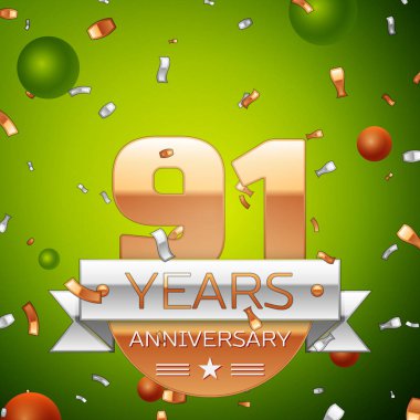 Gerçekçi doksan bir yıl yıldönümü kutlamaları tasarım afiş. Altın numaraları ve gümüş kurdele, balon, konfeti yeşil zemin üzerine. Doğum günü partin için renkli vektör şablon öğeleri
