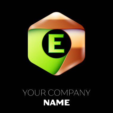 Gerçekçi yeşil harf E logo sembol siyah arka plan üzerinde renkli altın-yeşil altıgen şeklinde. Tasarımınız için vektör şablonu