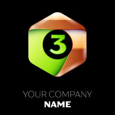 Gerçekçi yeşil üç numara logo sembol siyah arka plan üzerinde renkli altın-yeşil altıgen şeklinde. Tasarımınız için vektör şablonu
