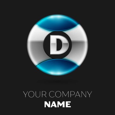 Gerçekçi gümüş harf D logo sembol siyah arka plan üzerine gümüş-mavi renkli daire şeklinde. Tasarımınız için vektör şablonu