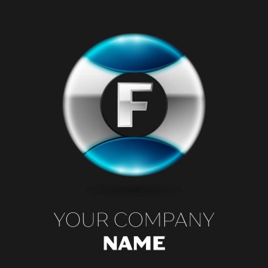 Gerçekçi gümüş harf F logo sembol siyah arka plan üzerine gümüş-mavi renkli daire şeklinde. Tasarımınız için vektör şablonu
