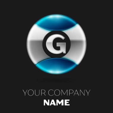 Gerçekçi gümüş harf G logo sembol siyah arka plan üzerine gümüş-mavi renkli daire şeklinde. Tasarımınız için vektör şablonu