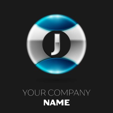 Gerçekçi gümüş harf J logo sembol siyah arka plan üzerine gümüş-mavi renkli daire şeklinde. Tasarımınız için vektör şablonu