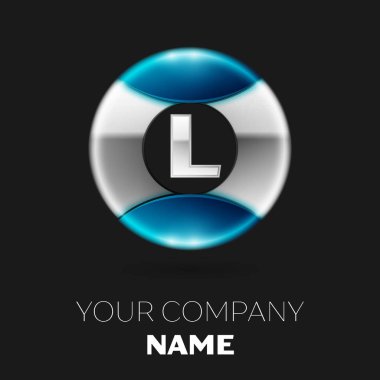 Gerçekçi gümüş harf L logo sembol siyah arka plan üzerine gümüş-mavi renkli daire şeklinde. Tasarımınız için vektör şablonu